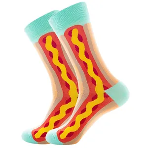 Detail view of cotton crew socks featuring colorful hot dog patterns and wave stripes