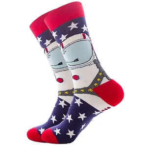 Astronaut themed mid-calf socks with star patterns in red, white and blue color mix