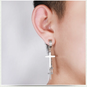 Punk style stainless steel cross dangle earrings for men featuring triple cross pendants