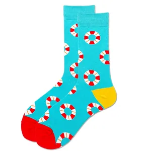 Detail of teal cotton mid-calf socks with lifebuoy patterns and colorful toe and heel