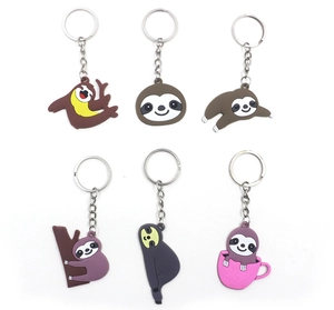 Detailed grid showing six cartoon sloth PVC keychains in various colorful poses