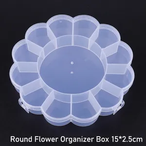 Clear 13-compartment flower storage box for earrings and beads measuring 15x2.5cm