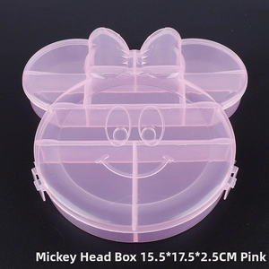 Pink Minnie Mouse shaped 7-grid plastic jewelry storage box with 15.5x17.5x2.5cm dimensions