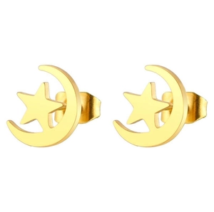 Detailed view of gold-tone star and moon earrings with polished geometric finish