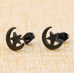 Matte black stainless steel moon and star stud earrings set for women and girls