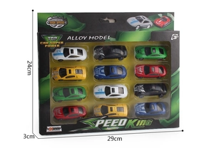 Front view of 12-piece alloy toy car set in a window box package with size markings