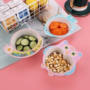 Bamboo fiber kids bowls set with cute owl, fish, and snail animal shapes