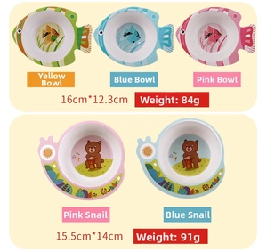 Eco-friendly cartoon bamboo fiber bowls for kids in fish and snail shapes with dimensions