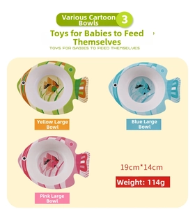 Detailed size chart of fish-shaped bamboo fiber kids bowls in yellow, blue and pink