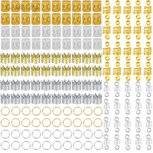 Detailed set of 160 hollow embossed gold and silver hair rings and dreadlock accessories