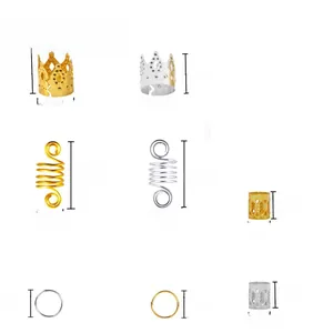 Detailed view of assorted metal dreadlock beads and rings with specific size measurements