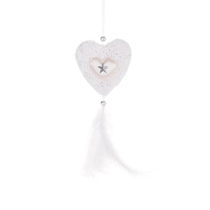 White heart Christmas tree ornament with silver star and feather details for home decor
