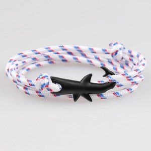 Braided rope shark bracelet in blue white and red with black shark metal clasp for men women