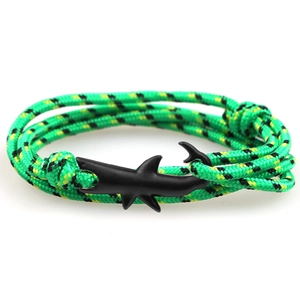 Green shark shark braided rope bracelet with black shark-shaped charm buckle