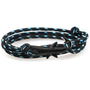 Wild shark animal charm bracelet featuring black woven rope with blue and white accents