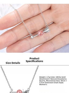 Detail view of S925 silver arrow necklace with pink strawberry quartz and dimensions