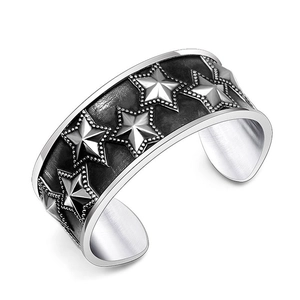 Men Retro Punk Wide Open Bangle 316L Stainless Steel Five Pointed Star Engraved Oxidized Vintage Style Jewelry