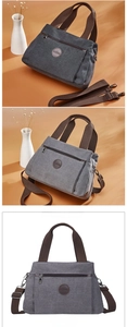 Detailed views of grey canvas tote bag with adjustable straps and front zipper pocket