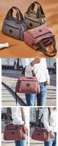 Detailed views of multi-compartment canvas tote bag with adjustable straps and front pocket