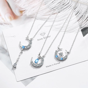 Minimalist silver star and moon pendant necklaces with blue zircon water drop tassels