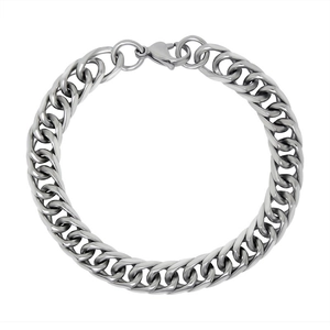 Minimalist silver stainless steel Cuban chain bracelet for men and women on white background