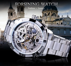 Macro detail of silver automatic mechanical watch with skeleton dial and golden gears
