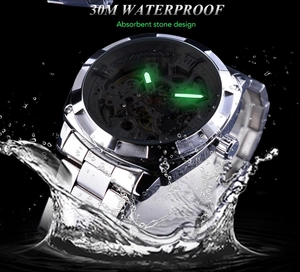 Skeleton automatic mechanical watch with 30m waterproof rating and luminous hands