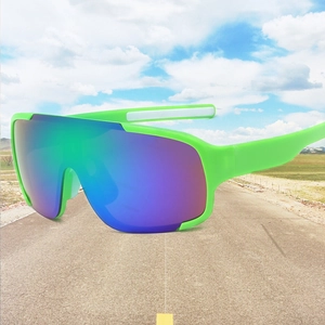 Close-up of cycling sunglasses with fluorescent green frame and purple gradient lenses