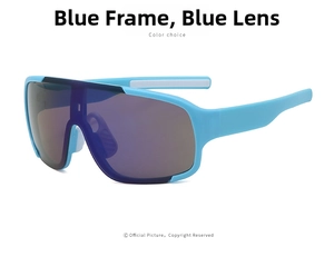 Detail view of blue sport sunglasses frame with blue coated lenses and non-slip nose pads