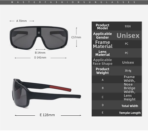 Detailed size chart for sports cycling sunglasses with frame and lens dimensions