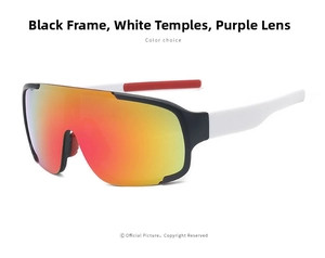 Detail of sports sunglasses with black semi-rim frame and white anti-slip temples