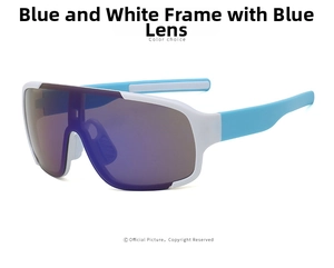 Close-up of blue and white sports cycling sunglasses with purple gradient mirrored lens