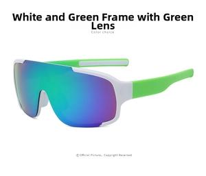 Detail of white and green sports sunglasses frame with blue-green mirrored lenses