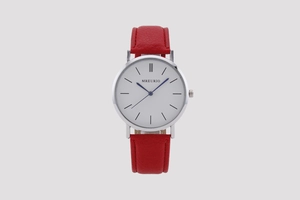 Close-up of MREURIO minimalist white dial watch with blue hands and textured red leather strap