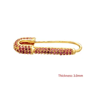 Safety pin pendant in gold plating with micro-pave red cubic zirconia, 3.0mm thick