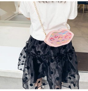 Pink sequined lip-shaped kids crossbody bag with shiny metal chain strap for girls