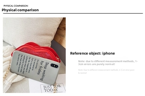 Detailed size comparison of red glitter lip-shaped crossbody bag with a smartphone