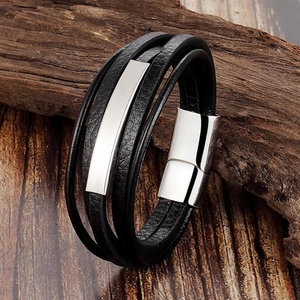 Men's multilayer black leather bracelet with polished silver magnetic steel clasp
