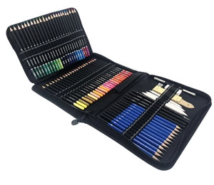 Set de dessin de 95 pièces avec crayons de couleur et fusains dans une trousse noire