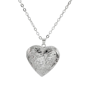 Silver heart locket necklace with vintage floral engraving and O-chain for women