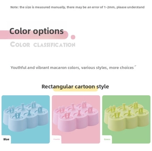 Detail of 6-cavity cartoon popsicle molds in blue, pink, and green pastel colors