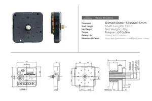 Schema tecnico dettagliato e vista macro del movimento dell'orologio al quarzo con dimensioni