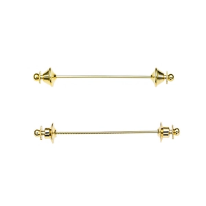 Detail of two golden minimalist collar bar pins with threaded cone and ball ends