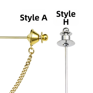 Detail showing gold Style A chain pin and silver Style H long pin brooch accessories
