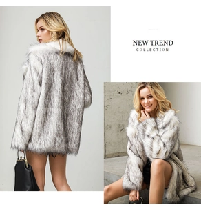Detail view showing plush faux fur texture and long pile of the mid-length winter coat
