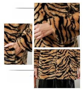 Detail view of tiger print faux fur coat showing cuffs, side pocket and front closure