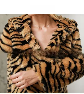 Close-up detail of tiger print faux fur coat showing plush collar and sleeve texture