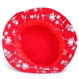 Red cotton fisherman bucket hat with white palm tree patterns for sun protection
