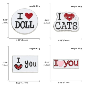 Detailed size chart for creative cartoon enamel pins with weight and dimensions in cm