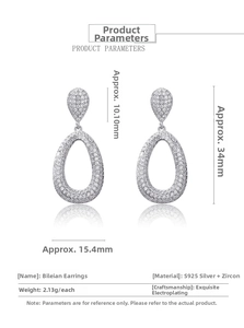 Detailed size and weight specs for hollow S925 silver teardrop earrings with pavé zircons